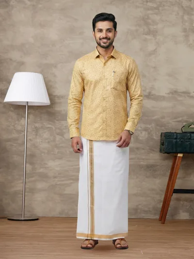 Men Sandal Matching Border Dhoti With Printed Shirt Set Fusion PS21